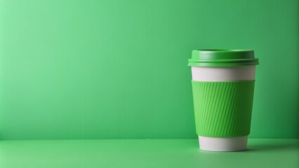 Reusable cup on green background with copy space for text, sustainability, eco-friendly, green living, reusable