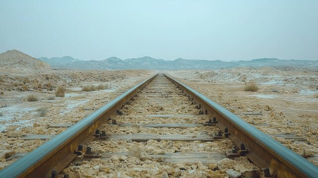   A train track in the desert against a mountainous background