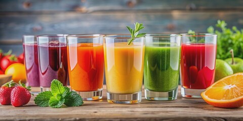 Fototapeta premium Vibrant and colorful juice combination in a glass , fruity, fresh, healthy, vibrant, rainbow, natural, organic, drink, beverage