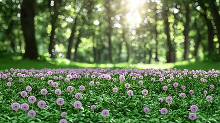 Obraz premium In a lush green forest, a field bursts with purple blooms, surrounded by towering trees and sprawling grasses