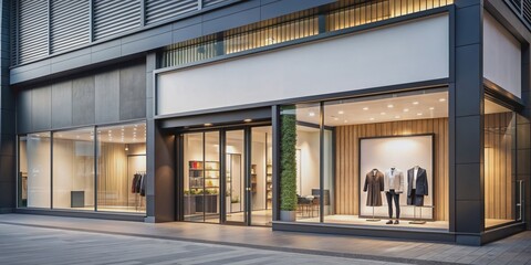 Obraz premium Glass facade of modern shop with stylish outdoor advertising and signage placement, glass facade, shop