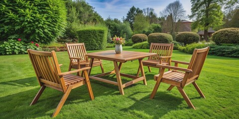 Obraz premium Wooden garden furniture set on a lush green lawn , outdoor, natural, sustainable, rustic, patio, seating, table