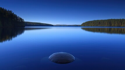 Obraz premium A body of water with a sizable boulder at its center and a surrounding woodland during nighttime