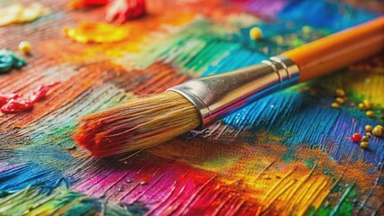 Obraz premium Close-up of a paintbrush with colorful paint on a canvas, art, painting, brush strokes, creative, artistic, colorful, vibrant