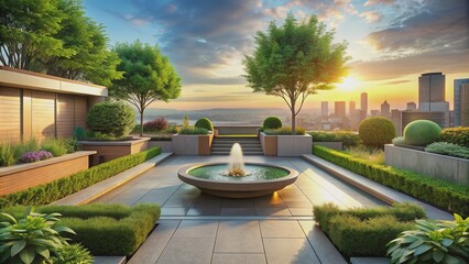 Obraz premium Serene rooftop garden with tranquil fountain , rooftop, garden, serene, peaceful, tranquil, fountain, water feature, greenery