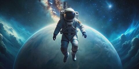 Fototapeta premium A mysterious astronaut drifting alone in the depths of space, representing abyssal solipsism, astronaut, space, abyss