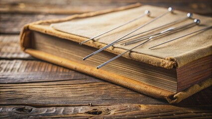 Acupuncture needles resting on an ancient medicine book , acupuncture, needles, ancient medicine, traditional