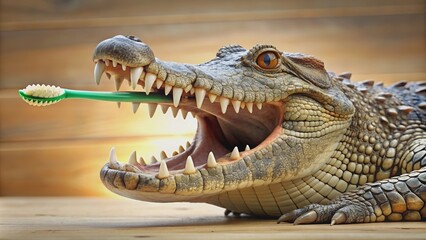 Fototapeta premium Crocodile getting ready to brush its teeth, crocodile, toothbrush, dental hygiene, reptile, animal, wildlife