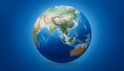 青い背景に浮かぶ地球が描かれています。地球はアジア大陸、インド洋、オーストラリアを中心に表示されており、陸地の地形や海洋が詳細に表現されています。シンプルでありながら、地球全体の広がりと壮大さを感じさせる構図となっています。generative AI