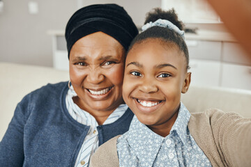 Girl, grandmother and smile for selfie with bonding, happy memory and post for online blog in...
