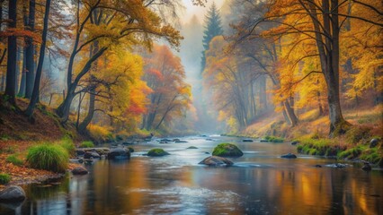 Obraz premium Serene river flowing through misty autumn forest, serene, river, flowing, autumn, forest, misty, atmosphere, nature, tranquil