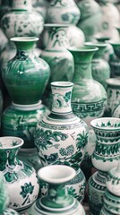 a lot of green and white vases stacked on top of each other