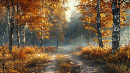 Obraz premium Path through the Autumn birch forest landscape with Colorful leaves with sunlight filtering through the trees.