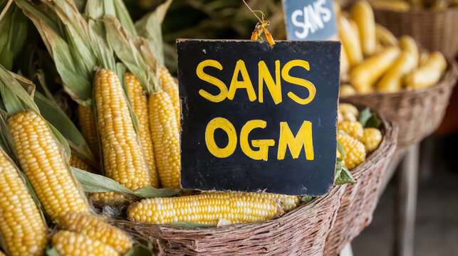 un panneau SANS OGM dans un panier de ma&iuml;s