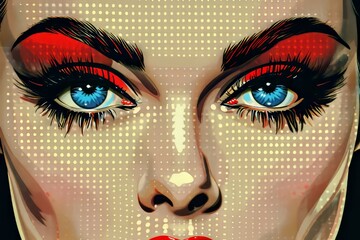 Dynamic and colorful retro pop art illustration of a womans face with striking blue eyes, vibrant red lips, and exaggerated makeup, exuding a sense of fun and playful beauty