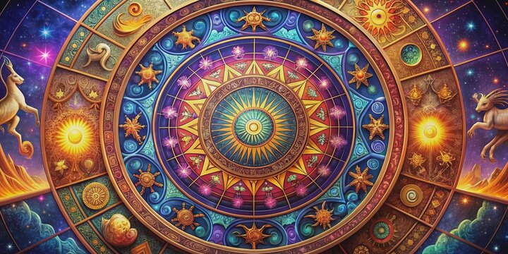 Astrology zodiac signs with vibrant colors and intricate designs, Capricorn, Aquarius, Pisces, Aries, Taurus, Gemini, Cancer