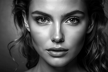 Fototapeta premium A close-up portrait of a confident young woman with curly hair showcasing striking facial features in a black and white setting. Generative AI