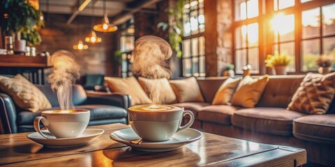 Cozy cafe interior with soft lighting, plush seating, and steaming cups of coffee , cafe, cozy, comfort, coffee, interior