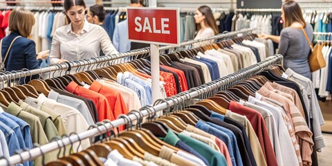 A bustling department store interior with racks of colorful clothing on display. Prominent red "SALE" signs hang above the merchandise, attracting shoppers. 