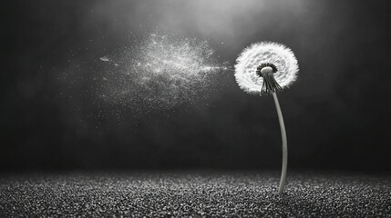   A monochromatic image of a dandelion swaying in the breeze, positioned against a backdrop of another dandelion