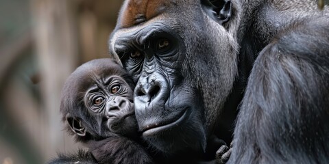 a mother gorilla cradling her baby, with a tender and protective expression