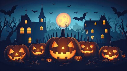 A spooky Halloween night scene with a full moon and jack-o'-lantern pumpkins in front of a spooky town with a church in the background and bats flying in the sky.