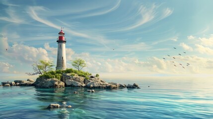 a lighthouse on an island in the middle of the ocean