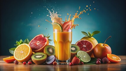 Cocktail juice splashes with vibrant exotic fruits, cocktail, juice, exotic, fruits, healthy, vibrant, splash
