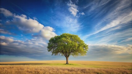 Fototapeta premium A single, isolated tree standing alone in a vast landscape, lonely, tree, solitude, nature, landscape, isolated