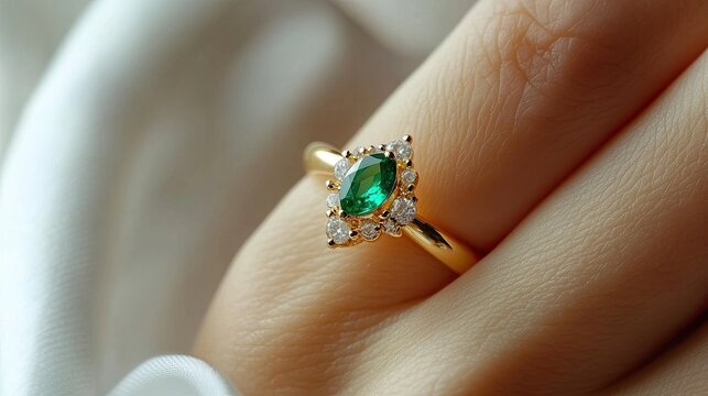 A woman's hand reveals a stunning emerald ring with a golden band, focusing on the carved triangular jade piece reminiscent of love, set against a soft, white background