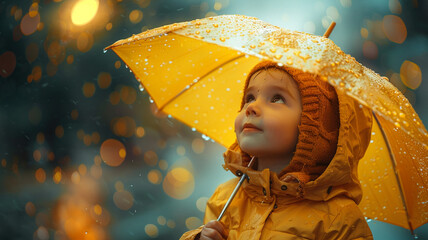 A child in a yellow jacket under a yellow umbrella in the rain