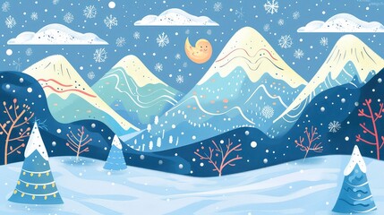 A stylized winter night scene with mountains, trees, a crescent moon, and falling snow.