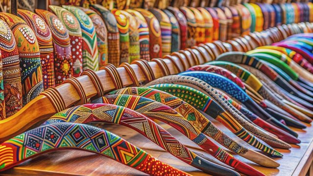 Market stall selling colorful boomerangs , colorful, boomerangs, market stall, outdoor, display, handmade, unique