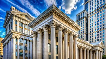 Fototapeta premium Ancient Greek and Roman styles inspire modern high-rise buildings featuring columns, pediments, and symmetrical facades evoking timeless elegance.