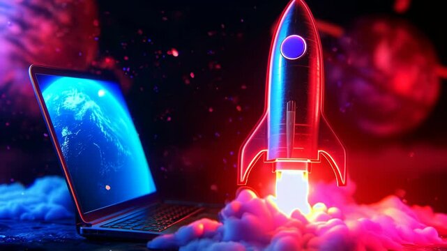 Futuristic rocket launching from a laptop amidst cosmic clouds