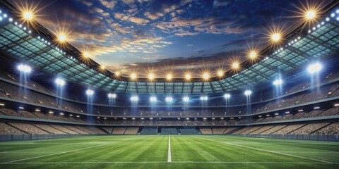 Football stadium at night lit up by bright lights and spotlights, sports, nighttime, illuminated, arena, stadium, floodlights
