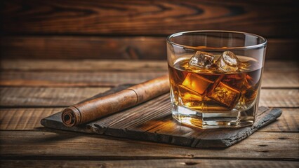 Glass of whiskey with smoking cigar and ice cubes on wooden table, whiskey, glass, cigar, smoke, ice cubes, wooden table