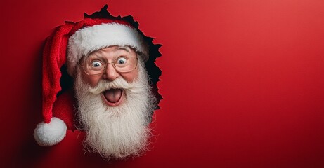 santa claus cheerfully peeking through a red wallpaper. Season greetings concept