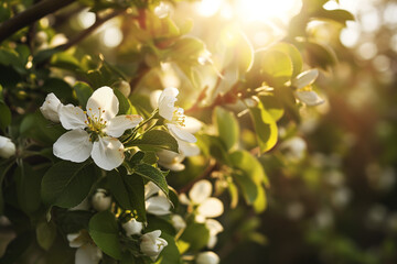 Flowering branch of apple tree in the sunlight, Spring background