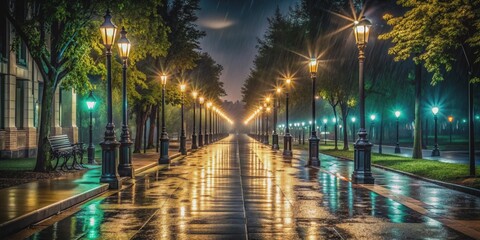 Naklejka premium Rainy night sidewalk with glowing streetlights , wet, urban, city, empty, dark, atmospheric, pavement, reflection, rainy, evening