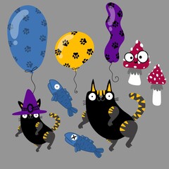 Halloween animals set cats and pumpkins pattern for wrapping paper