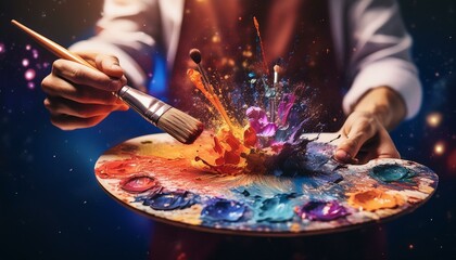 tavolozza con esplosione di colori e pennello