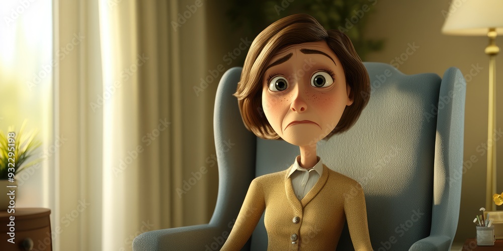 Wall mural 3d cartoon of a middle aged woman sitting in a chair with a sad expression