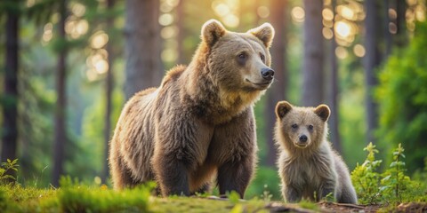 Mother bear and cub exploring the forest together, bears, wildlife, nature, family, adorable, fluffy, furry