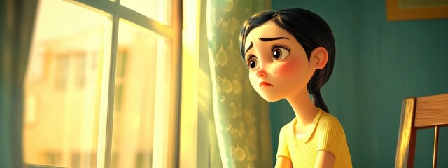 3D cartoon of a sorrowful woman sitting and gazing out the window