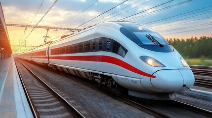 Fototapeta premium A white train travels down train tracks beside a red-striped train station