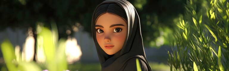 Naklejka premium 3D Cartoon of a Veiled Teen in a Park
