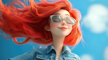 Obraz premium 3D cartoon of a trendy teenage girl with vibrant red hair shaking her head in various directions