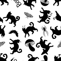 Halloween animals seamless cats and pumpkins pattern for wrapping paper