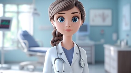 Fototapeta premium 3D Cartoon of Young Woman Doctor in White Coat Standing in Hospital